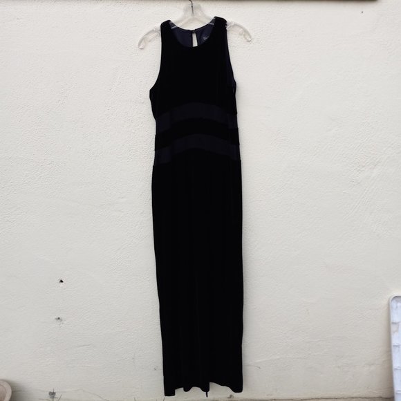 90s Vintage Minimalist Black Velvet Column Maxi Evening Gown Holiday NYE Event M - Picture 2 of 16